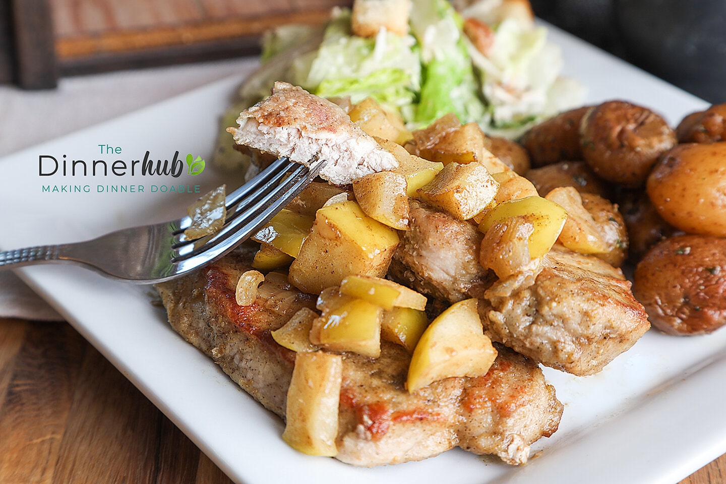 Apple Topped Pork Chops w/ Seasoned Potatoes & Green Salad